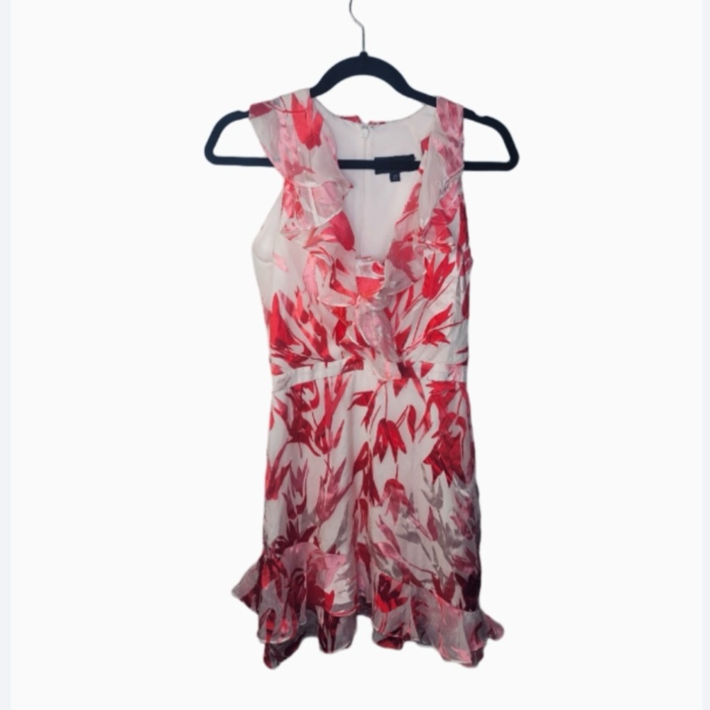 SALONI Cece Silk Chiffon Floral Ruffle Flutter Sleeveless Mini Dress White Pink